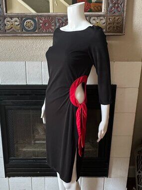 Fredericks of Hollywood black 3/4 sleeve dress Red tie side cut out Small